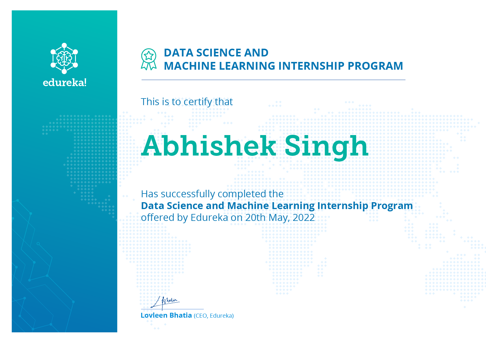 Data Science and Machine Learning Internship Certificate