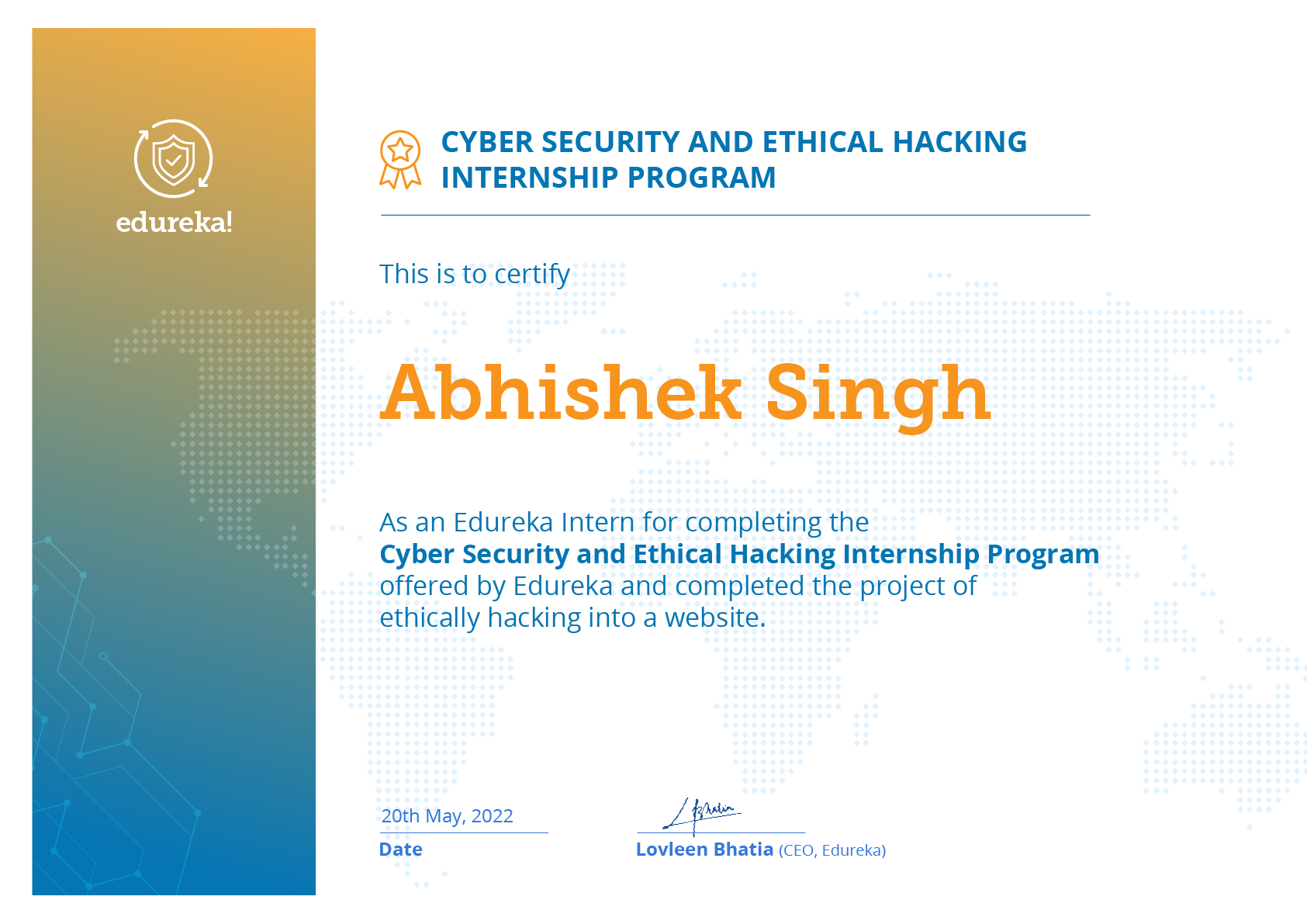 Cyber Security and Ethical Hacking Internship Certificate