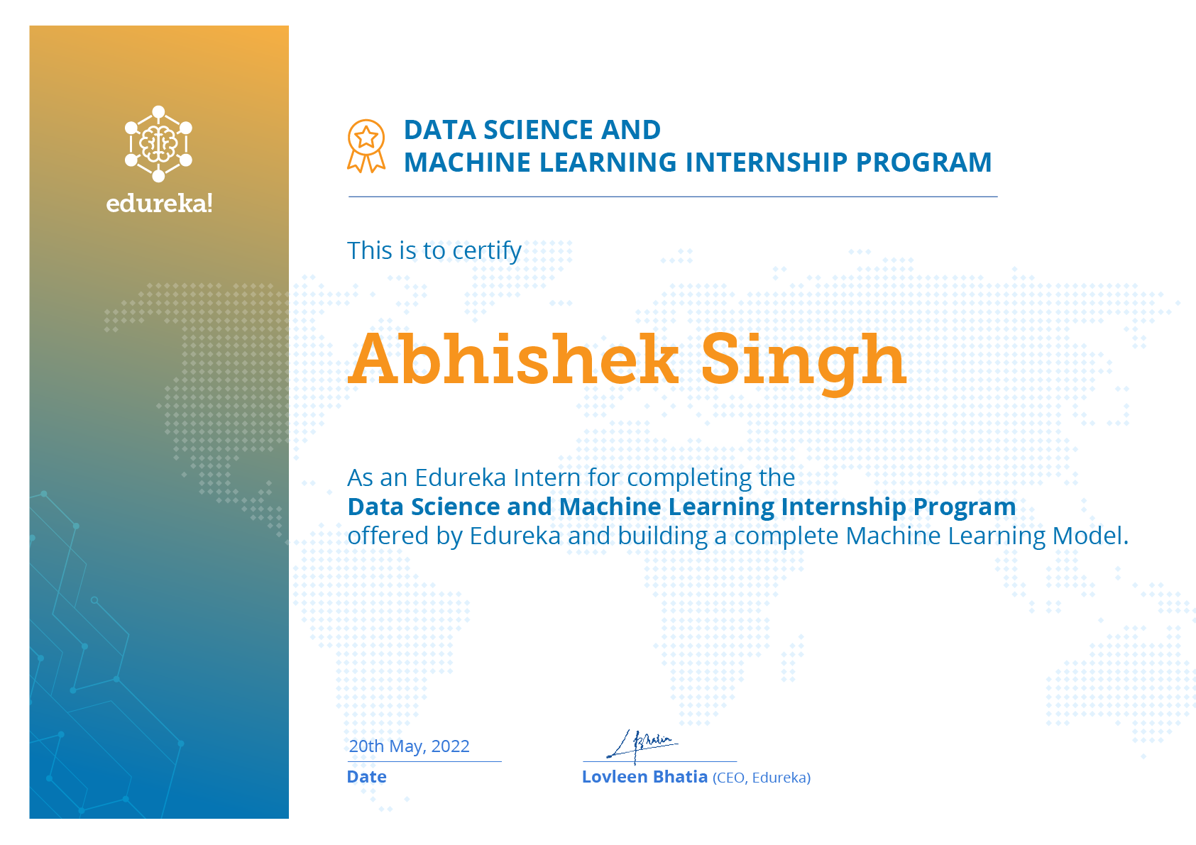 Data Science and Machine Learning Internship Certificate